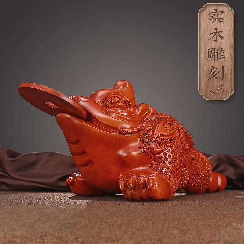 速发蟾木雕金实招财摆件三脚蟾蜍客厅办送室茶几茶桌公人开店开业