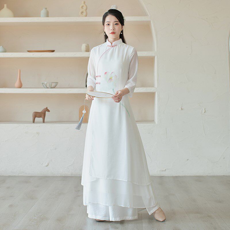 速发茶服中意文艺中国风茶艺师服装旗袍连衣裙禅式工作服汉服套装
