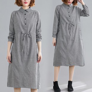 新袖 速发2022春装 休闲格子大码 韩版 宽松收棉腰麻裙 长款