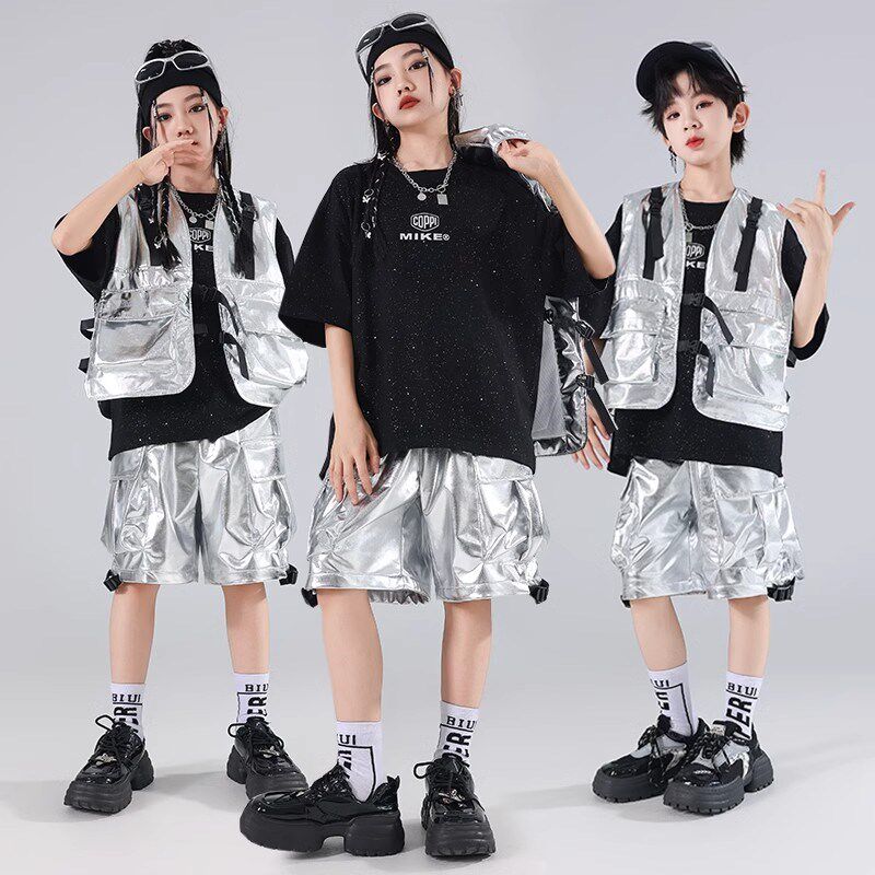 速发街舞气装嘻哈风炸街甲嘻哈银色亮皮套装演出服孩宽松帅服马夏