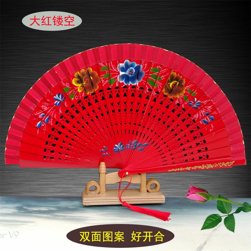 速发红色跳舞扇子双面图案表班牙木扇舞秀扇旗袍走蹈西演扇结婚庆