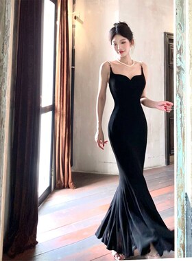 速发Gooo J夜b【暗d疏影】步步生莲针织鱼尾裙黑色气质吊带连衣裙