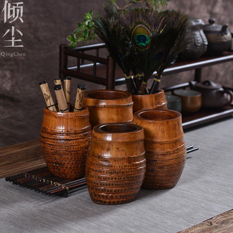 速发大漆 玩根收纳筒 文房笔筒文竹老 满钉竹钉六君子桶 茶具配