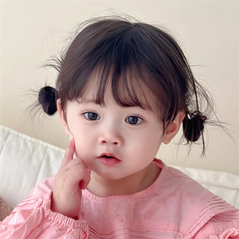 速发双丸子头子童假发可爱短发头婴儿透亲整顶发套气儿拍照道具