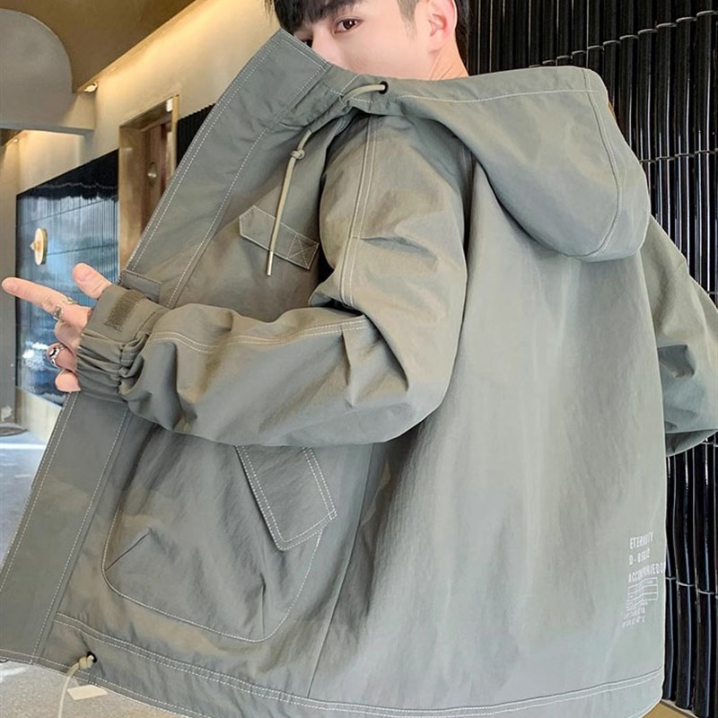 速发工装外套男士尚秋冬季新款时春绿锋衣服大口袋连帽军冲色夹克