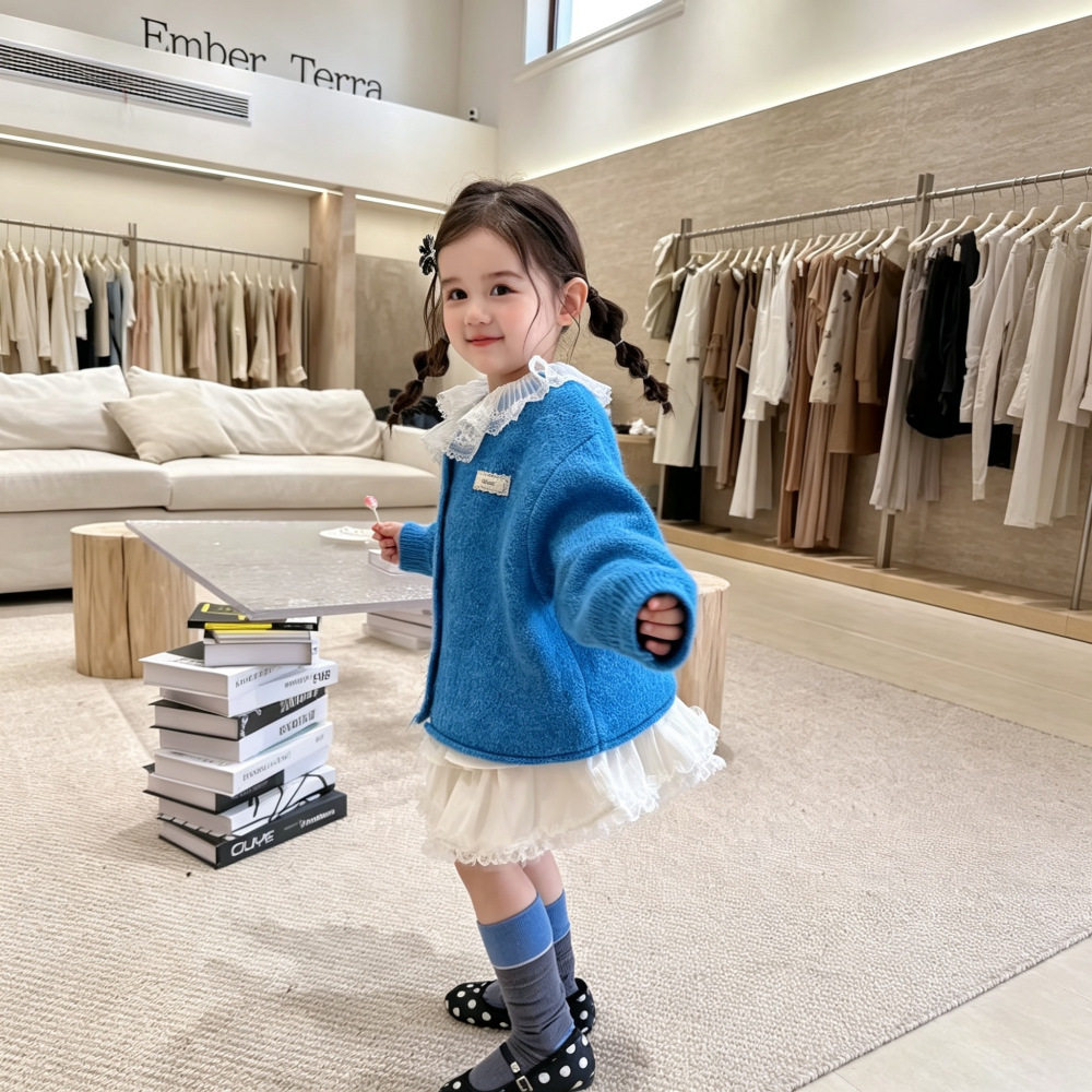 韩版童装蓝调软糯毛衣花边打底2026春秋新款女孩子衣服中小童外贸