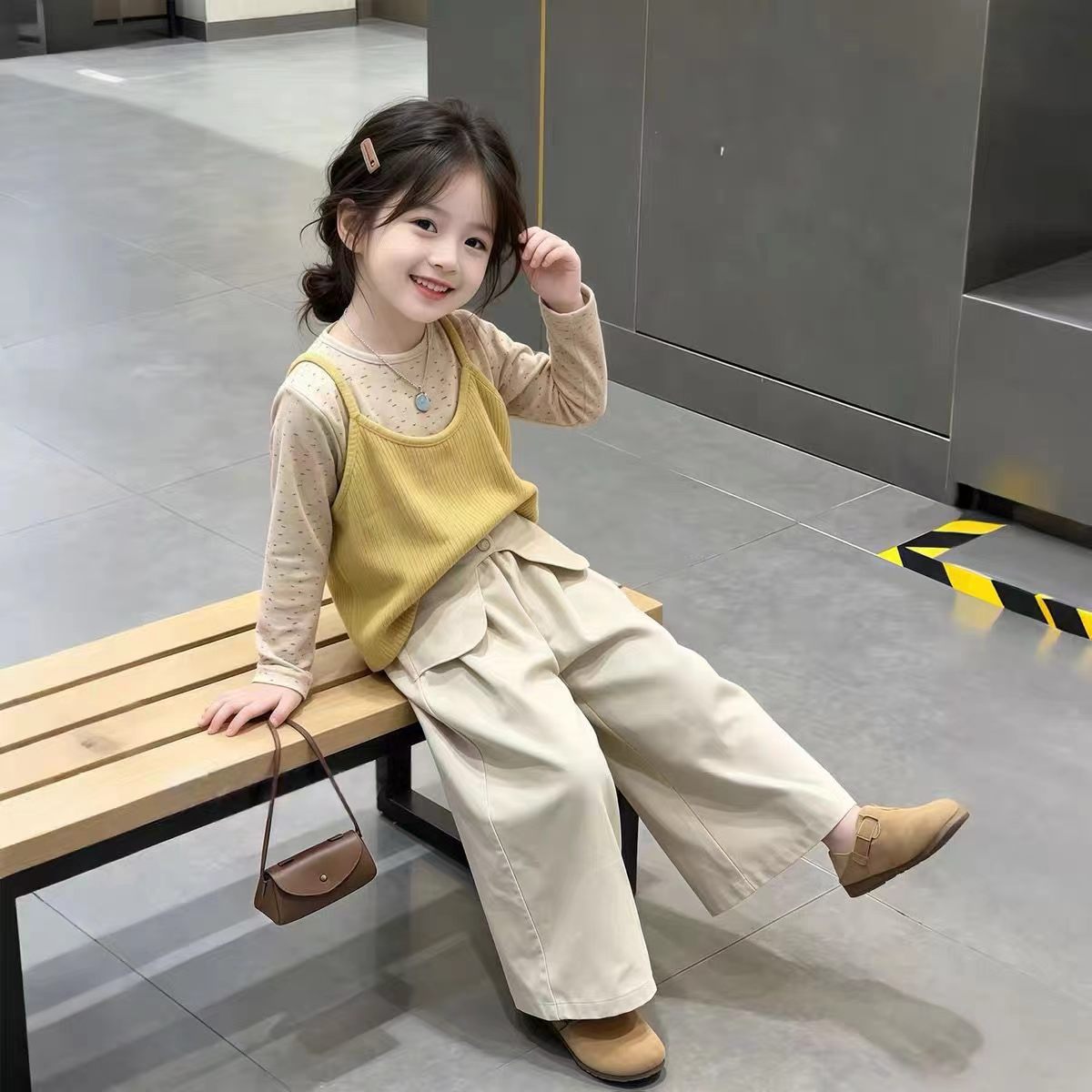 三件套女童套装春秋季2026新款针织吊带打底衫阔腿裤