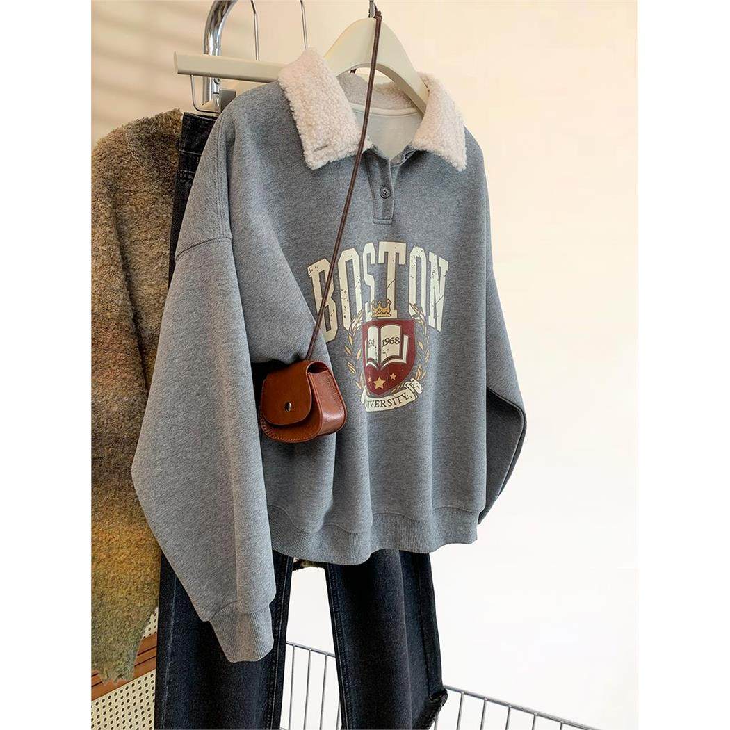 灰色翻领套头无帽加绒卫衣女秋冬2025新款学院风宽松加厚上衣冬季