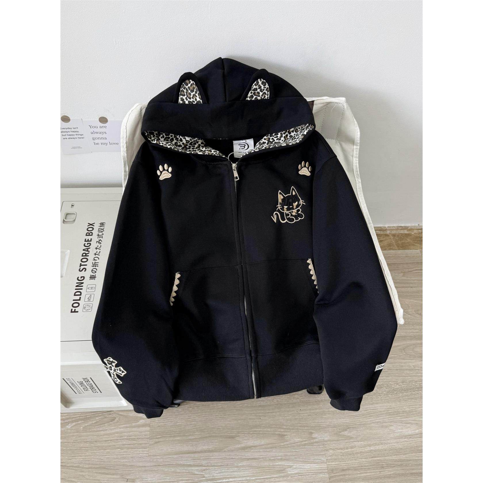 Nuneon美式覆古开衫拉炼外套豹纹恶魔秋冬宽松加绒连帽卫衣女情侣