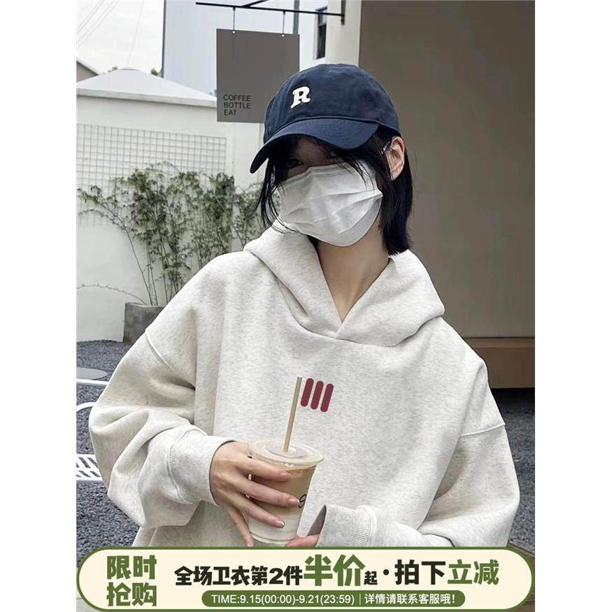 美式慵懒风设计感韩系宽松花灰色连帽卫衣女2025秋冬新款加绒上衣