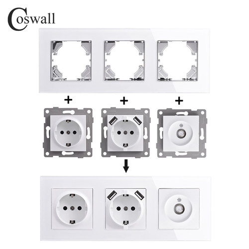 COSWALL 白色 银边 玻璃面板 欧规墙壁开关插座 USB充电口模块DIY