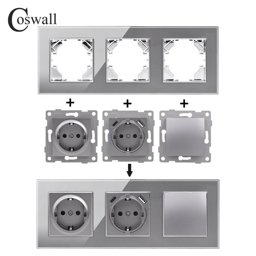 COSWALL  灰色 银边 玻璃面板 欧规墙壁开关插座USB充电口模块DIY