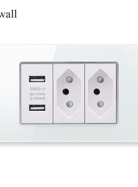 118型钢化玻璃面板巴西2USB插座 巴规双typeA三圆孔暗装墙壁插座