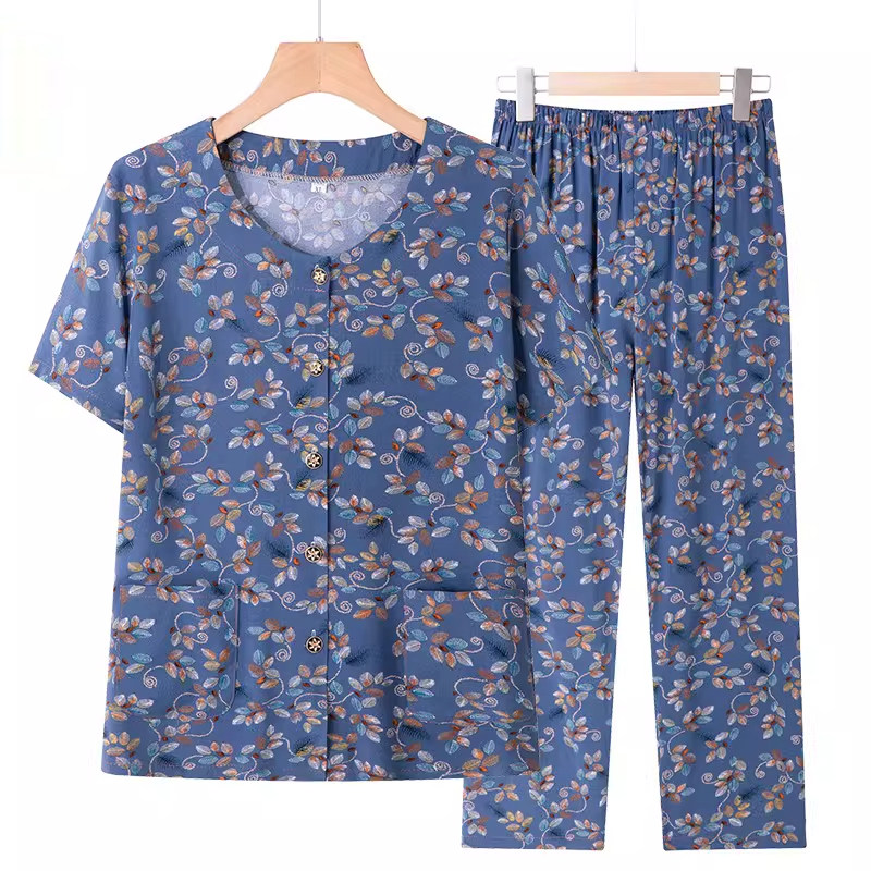 老人夏装女棉绸睡衣套装中老年家居服妈妈夏季开衫奶奶短袖老太太