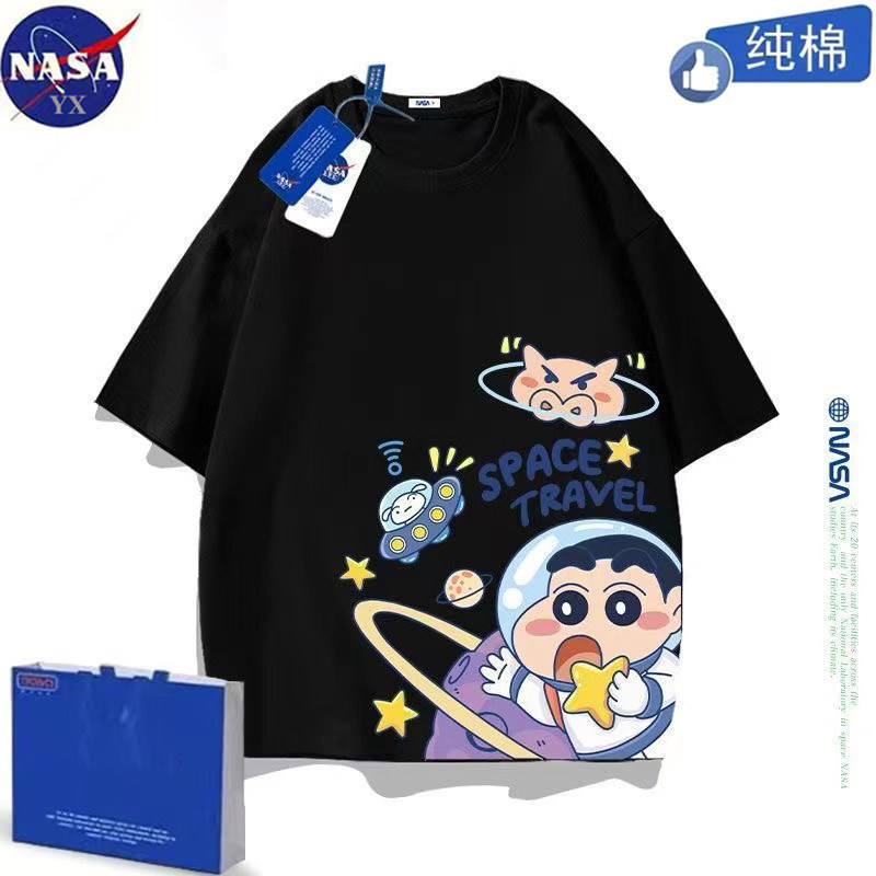NASA联名卡通动漫短袖t恤男女童宇航蜡笔小新夏季新款亲子装情侣t
