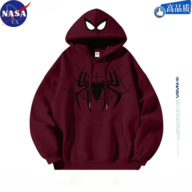NASA美式复古潮流蜘蛛侠连帽卫衣男女童装秋冬季宽松加绒儿童外套