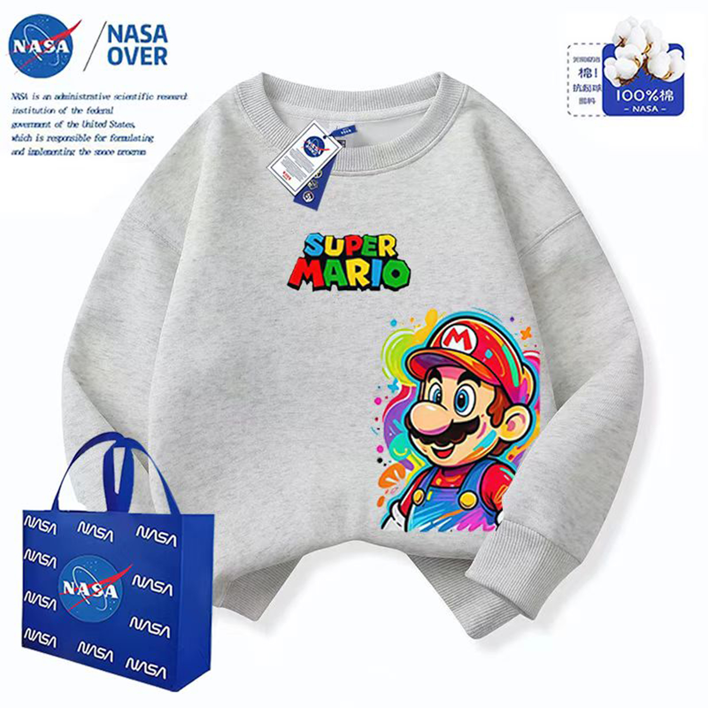 NASA联名日系潮牌卡通超级马里奥春秋新款中大童圆领卫衣百搭上衣
