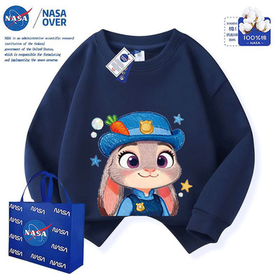 NASA美式卡通绘画兔子警官朱迪加绒圆领男女儿童秋冬新款百搭上衣