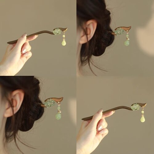 新中式古风绿檀荷花发簪女发饰女