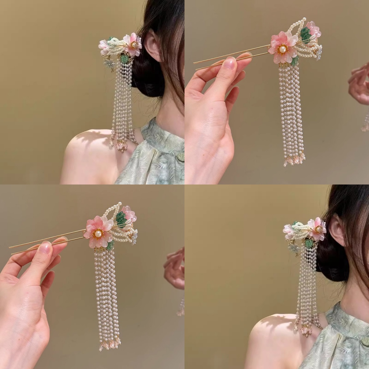 2025新款珍珠花朵流苏发簪