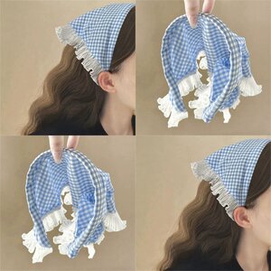 春季田园少女蓝格子蕾丝头巾