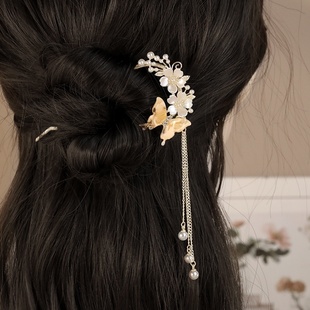 黄蝴蝶珍珠铃兰花朵流苏发钗新中式古风u型女旗袍发簪子盘发神器