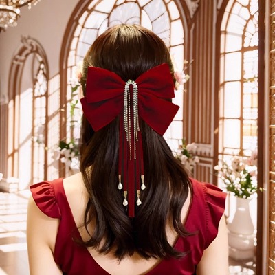 红色蝴蝶结头饰蕊曦发卡新娘