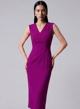 BRANDBYMEI经典北美职场律政商务精英律师立体剪裁修身紫色连衣裙