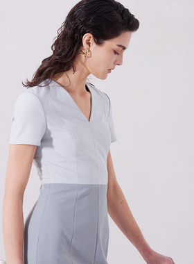 美剧大女主精英灰色修身短袖包臀V领连衣裙