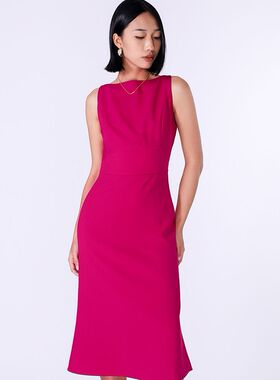 brand bymei玫红色辣妹连衣裙一字领绝美裙收腰修身气质露肩长裙