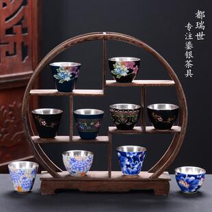 纯银茶杯999银杯子主人杯青花瓷功夫茶具牡丹鎏银单杯品茗杯小杯