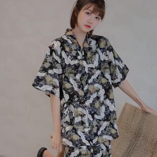 情侣国潮家居服亲子睡衣桑拿服 新款 汗蒸服女亚麻高档日式 开衫 大码
