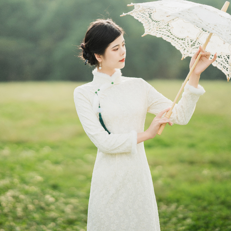 挽苏白色旗袍2025新款改良年轻款少女加绒加厚A版连衣裙日常长袖