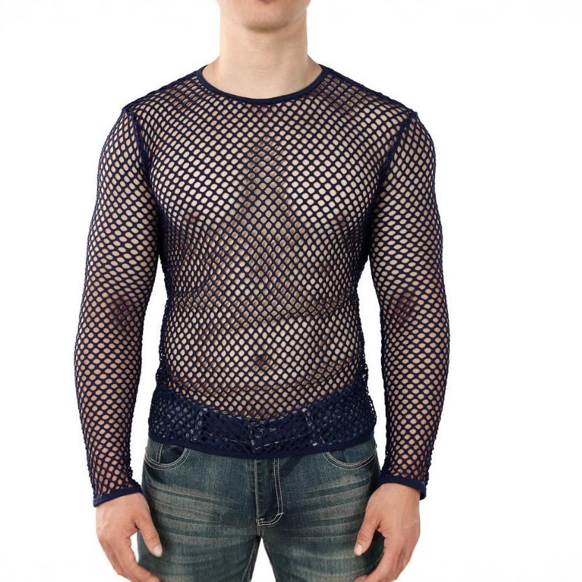 镂空网格透视长袖男士上衣