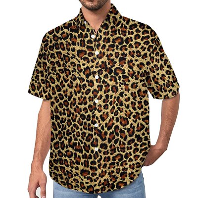 豹纹印花短袖衬衣男士