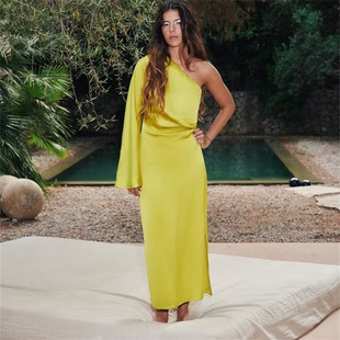 dress纯色宽松斜肩长袖 Oblique sleeved long 连衣裙女 shoulder