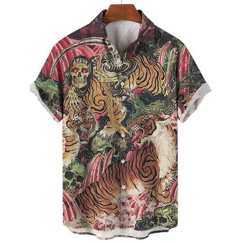 欧美复古3D印花短袖衬衫男开衫