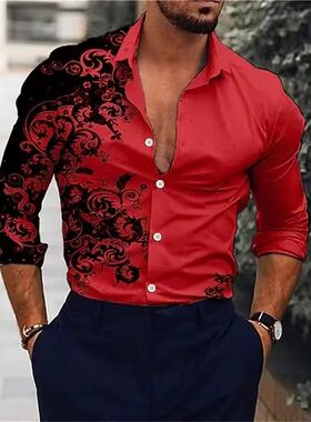 Men's gradient 3D printed shirt休闲欧码渐变3D印花长袖衬衫男