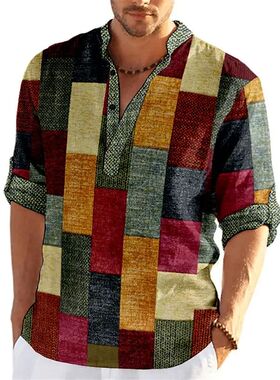 Men's standing collar checkered shirt 男立领方格拼接长袖衬衫