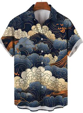 Retro printed short sleeved shirt男休闲复古数码印花短袖衬衫