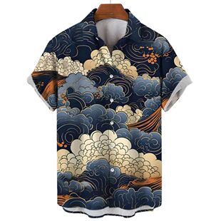 Retro printed short sleeved shirt男休闲复古数码印花短袖衬衫