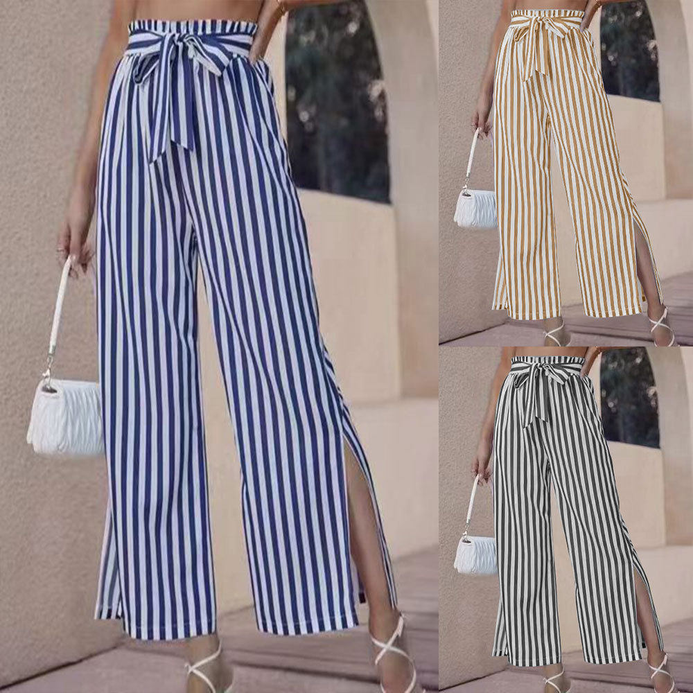 Elastic waist strap split stripe pants松紧腰绑带开叉条纹裤女