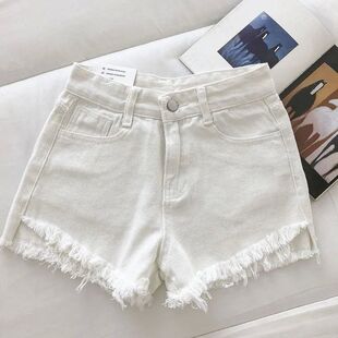 休闲纯色阔腿毛边热裤 hot 女Wide frayed pants leg 高腰显瘦夏季