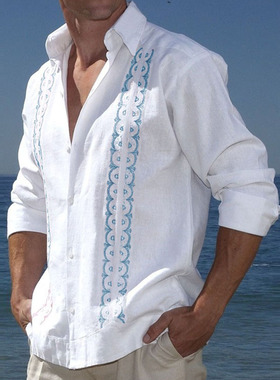 Polo button printed long sleeved shirt翻领纽扣印花长袖衬衫男