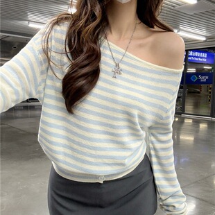 设计感宽松露肩套头上衣针织衫 韩系条纹斜肩长袖 针织T恤女春季