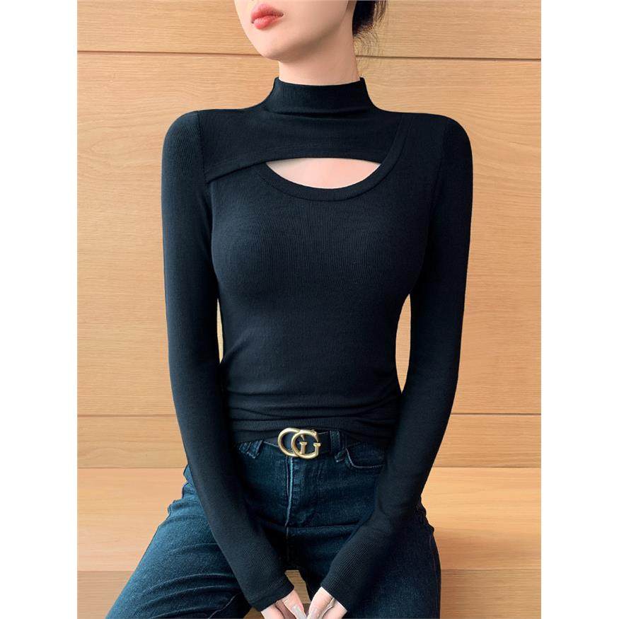 镂空半高领黑色打底衫女2025新款春秋打底内搭设计感针织修身上衣,个性定制/设计服务/DIY,棉服工装,淘宝优惠券,粉丝福利购,淘宝优惠卷