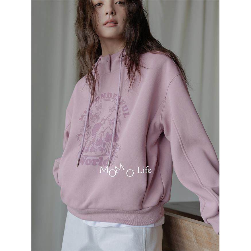 Momolife云灰紫2025秋冬女加绒保暖套头宽松休闲抽绳连帽印花卫衣,个性定制/设计服务/DIY,棉服工装,淘宝优惠券,粉丝福利购,淘宝优惠卷
