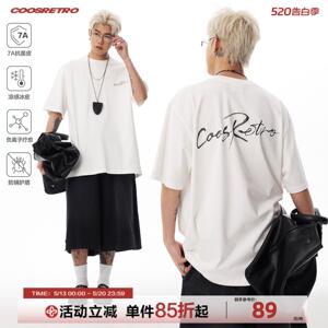 CoosRetro美式复古印花男生短袖T恤情侣潮牌夏季宽松纯棉白色上衣