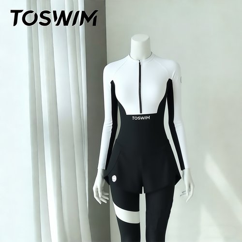 【样衣清仓-律动黑白】TOSWIM拓胜正品长袖速干游泳衣女温泉潜水