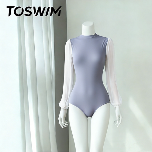 【瑕疵清仓-月灰白纱】TOSWIM拓胜连体泳衣女长袖防晒游泳衣温泉